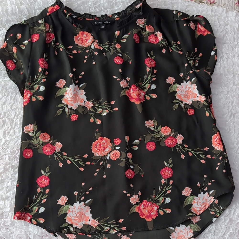 Time and Tru Black Floral Blouse